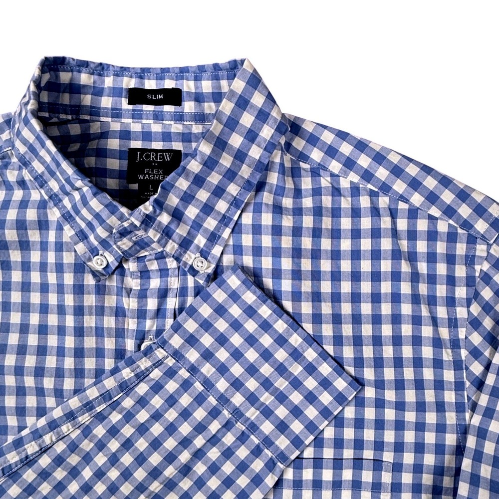J.Crew Mens Slim Flex Washed Gingham Button Down Shirt Blue White Large L